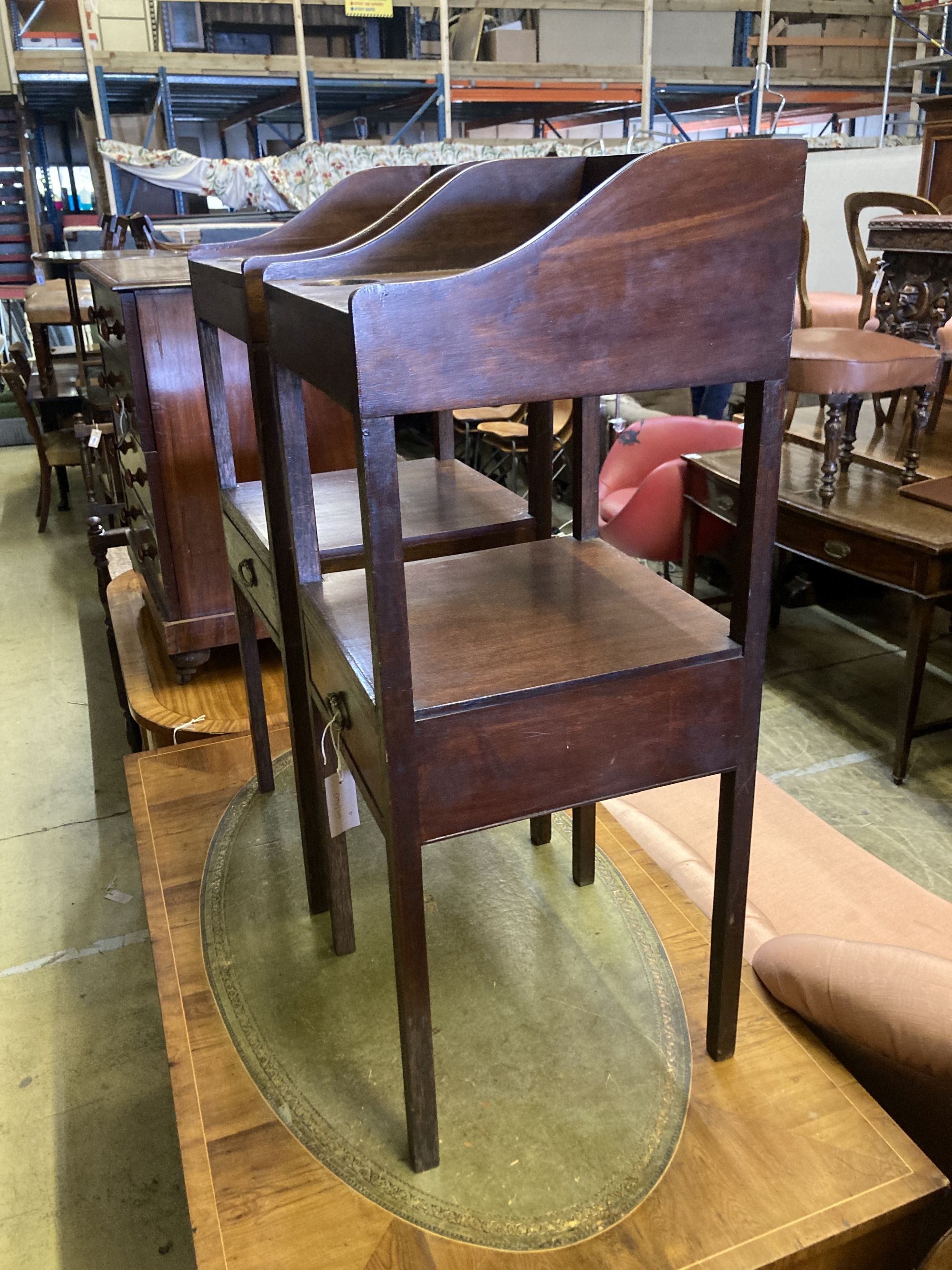 A pair of George III style bedside mahogany night tables, width 36cm, depth 36cm, height 93cm